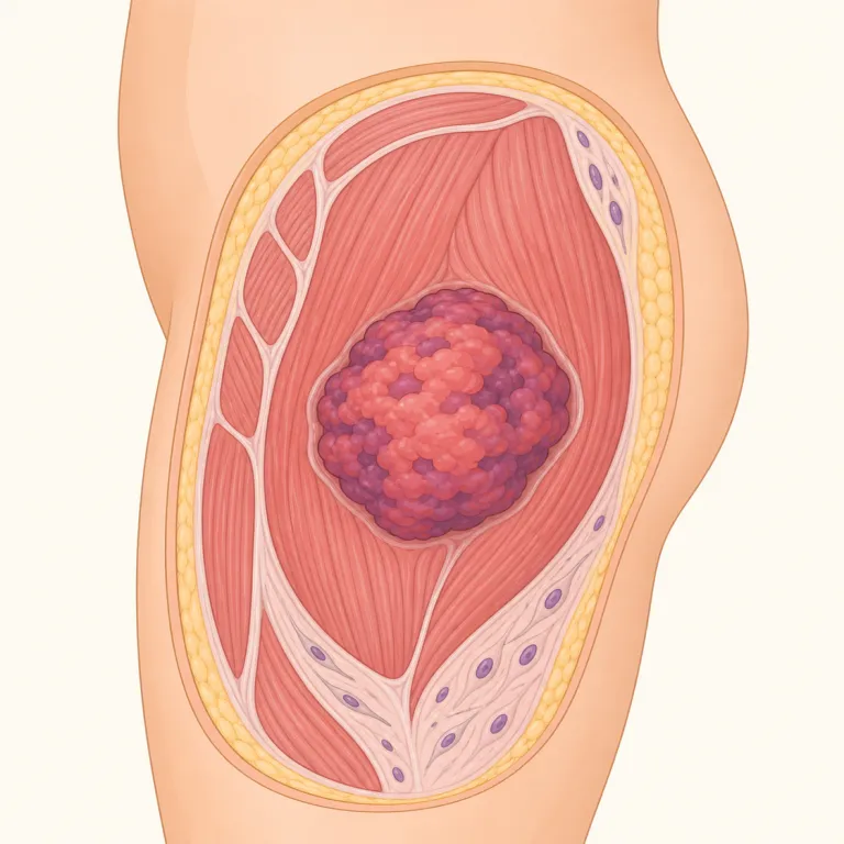 sarcoma（肉腫・名詞）の覚え方イラスト — 医学英語では -oma が付くと腫瘍名になりやすいので、まず melanoma（黒色腫）や lymphoma（リンパ腫）と同じグループに入れると覚えやすいです