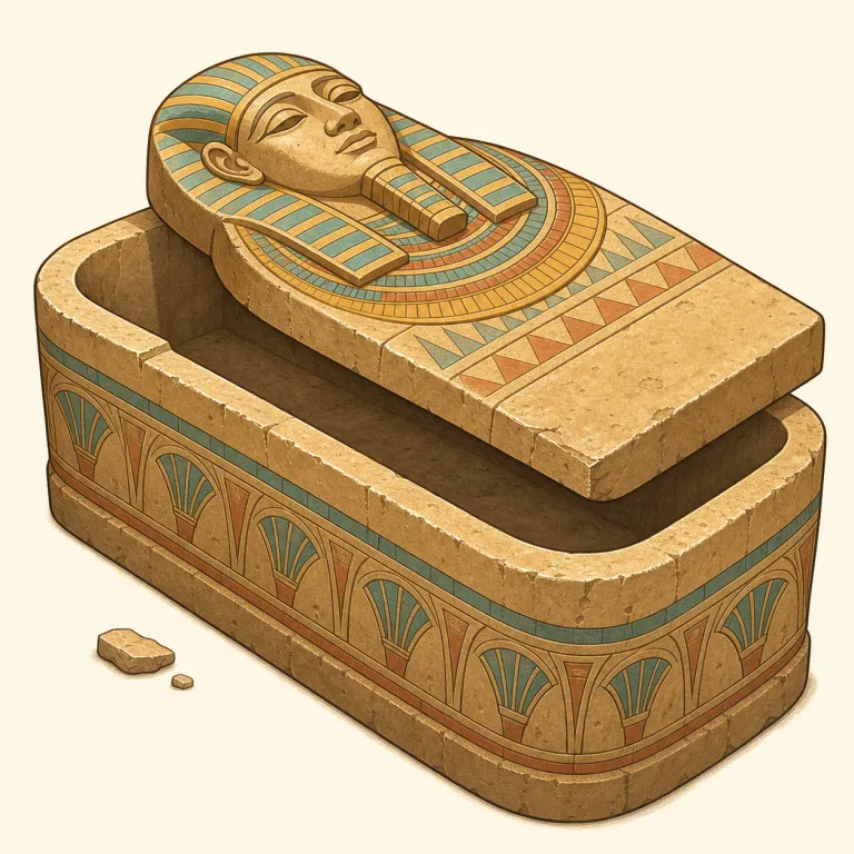 sarcophagus（石棺・名詞）の覚え方イラスト — 後半の `-phag- / -phagus` を「eat と関係する形」として押さえると、`phagocyte` などにもつながり、見た目の長さより覚えやすくなります