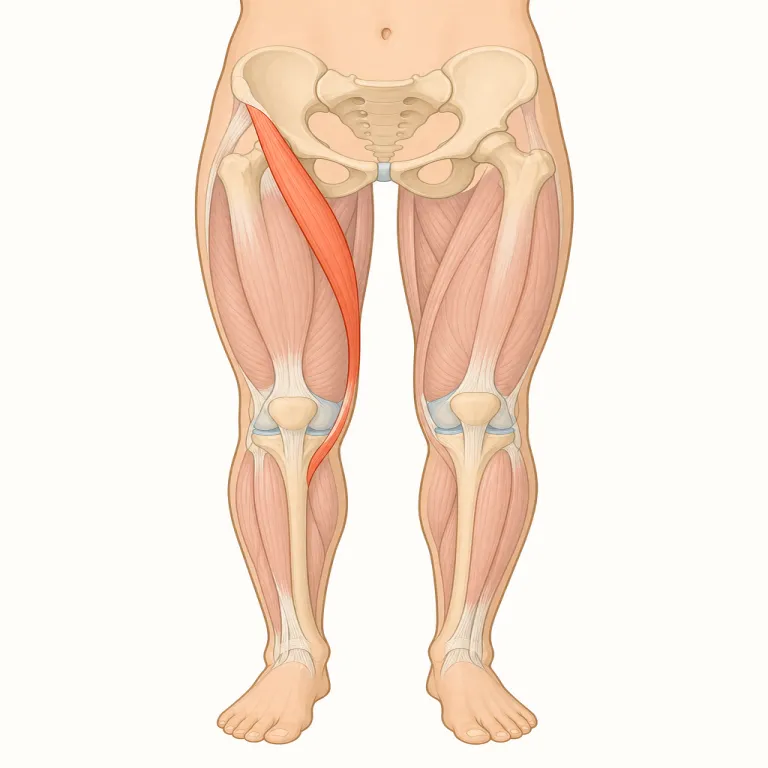 sartorius（縫工筋・名詞）の覚え方イラスト — 解剖で見たら、sartorius は単独のつづりで覚えるより「脚を組むときに使う、太ももを斜めに走る細長い筋」と動作つきで覚えると残ります