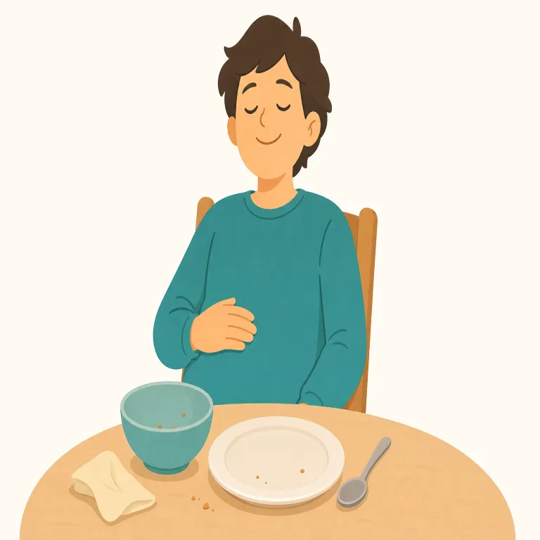 sated（満たされた、十分満足した・形容詞）の覚え方イラスト — sat- を satisfy / satisfaction / satiated と同じ仲間だと見て、「十分で、もう足りている」という感覚でまとめると覚えやすいです