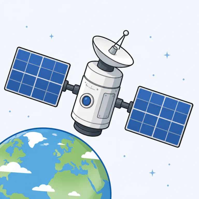 satellite（衛星・名詞）の覚え方イラスト — まず orbit（軌道を回る）とセットで覚えると定着しやすい語