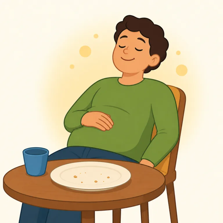 satiated（満腹した・形容詞）の覚え方イラスト — satiated は satiate「十分に満たす」の過去分詞形で、食後に「満腹した」と言う硬めの形容詞として覚えます