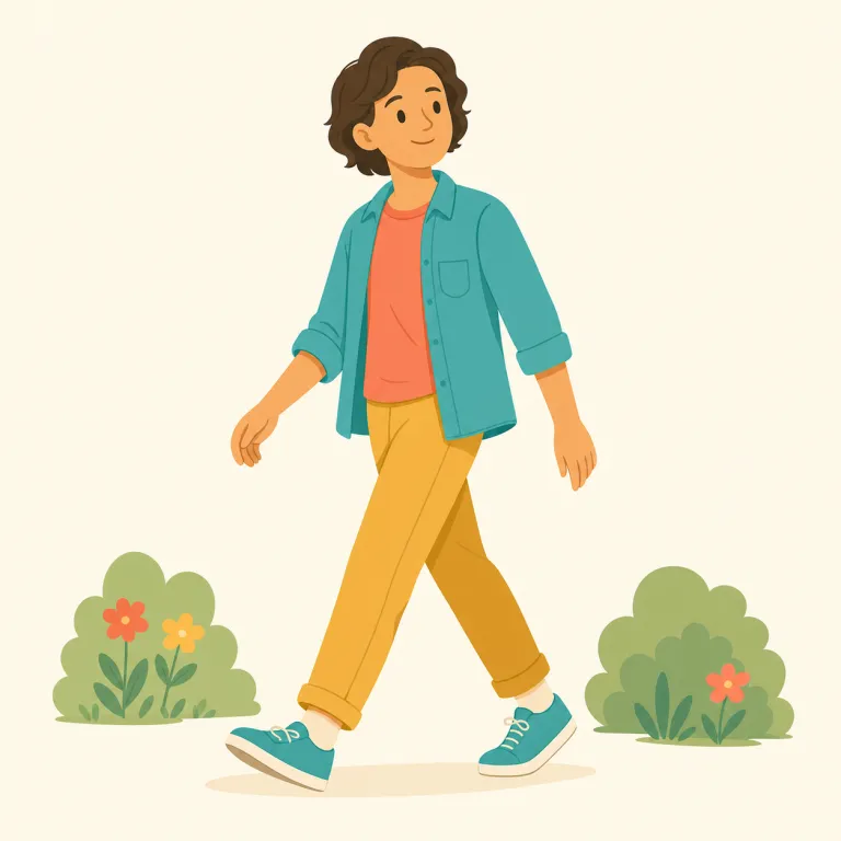 sauntering（ぶらぶらする・動詞）の覚え方イラスト — sauntering は、まず saunter を walk のゆっくり版として置くと覚えやすいです