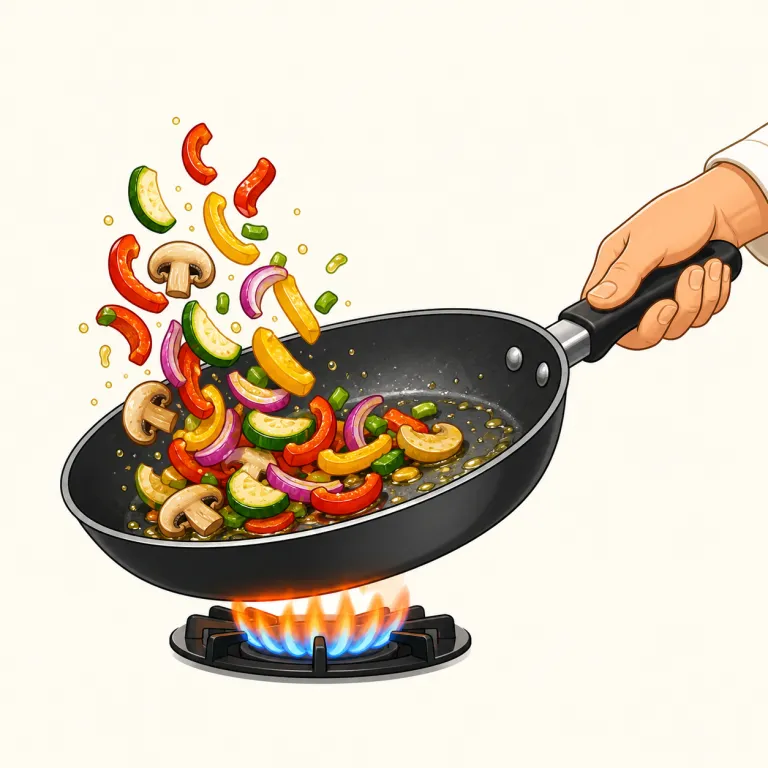 saute（油でさっと炒める、ソテーにする・動詞）の覚え方イラスト — saute は料理レシピで覚えると残りやすい語です