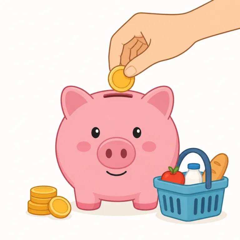 saving（節約・名詞）の覚え方イラスト — この saving は「貯金」ではなく、出費・時間・労力を減らした結果としての「節約」や「節約できた分」を表す名詞