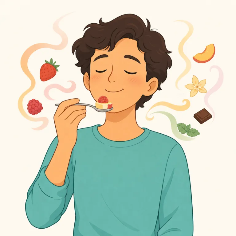 savoring（味わう、かみしめる・動詞）の覚え方イラスト — savoring は enjoy より「ゆっくり味わう」感じが強い語