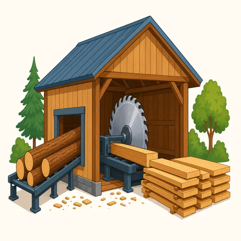 sawmill（製材所・名詞）の覚え方イラスト — saw を知っていれば「切る」、mill を知っていれば「加工する工場」の感覚でつながります