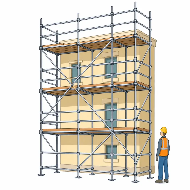 scaffold（足場・名詞）の覚え方イラスト — scaffold は工事現場で高い場所に届くために組む「足場」をまず中心に覚えると定着しやすいです