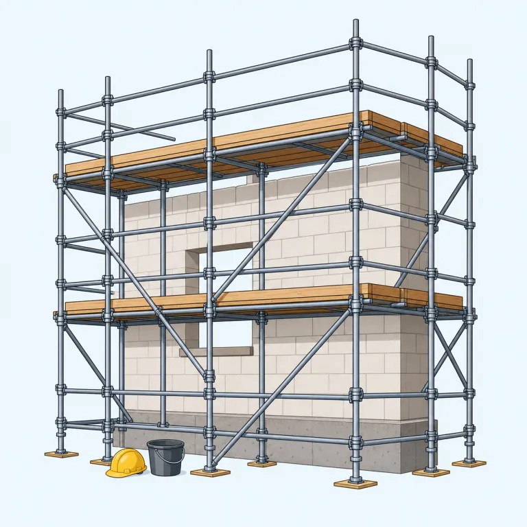 scaffolding（足場・名詞）の覚え方イラスト — scaffold に -ing が付いた形で、まず scaffold＝「組み立て作業を支える枠」とまとめて覚えると定着しやすいです