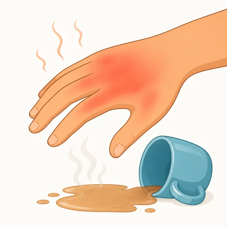scalded（火傷した・形容詞）の覚え方イラスト — burned の中でも scalded は、火そのものより「熱湯・蒸気・熱いスープなど液体や湯気でやけどした」場面に寄る語