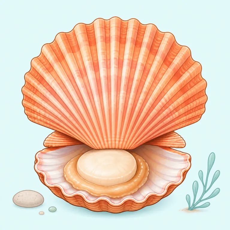 scallop（ホタテ貝・名詞）の覚え方イラスト — seafood の語として覚えると定着しやすい語です