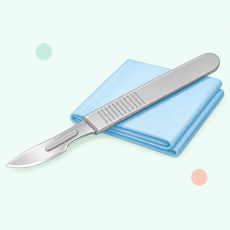 scalpel（メス・名詞）の覚え方イラスト — まず「surgical knife」として覚えると定着しやすいです