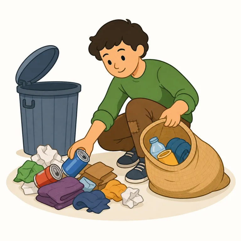 scavenging（（廃棄物などを）拾い集めること、死肉をあさること・名詞）の覚え方イラスト — scavenging は、まず scavenger（残り物や死肉をあさる動物・人）を先に覚えると定着しやすいです