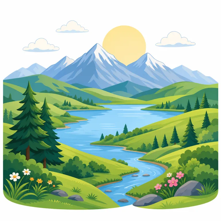 scenery（風景・名詞）の覚え方イラスト — scene（場面）が分かれば、「目の前に広がる場面全体」→ scenery とつなげやすい
