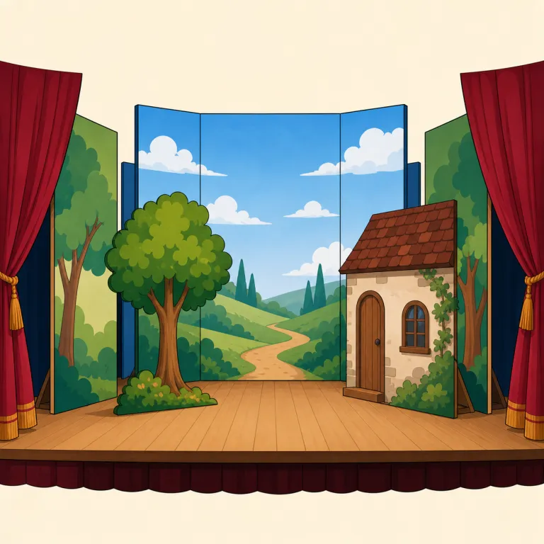 scenery（舞台装置・noun）の覚え方イラスト