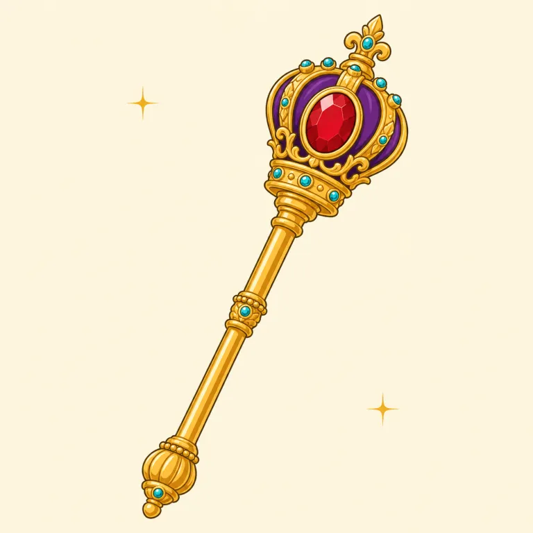 scepter（王笏・名詞）の覚え方イラスト — scepter は単独で覚えるより、crown・throne・robe と同じ「王権セット」で入れると残りやすい語です