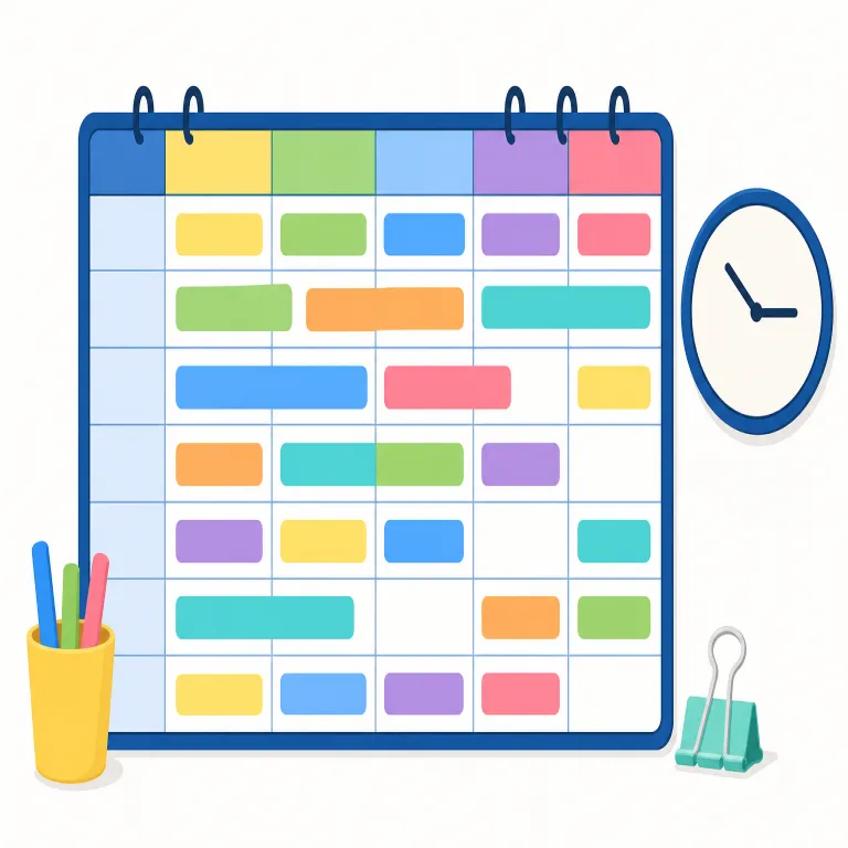 schedule（予定表・名詞）の覚え方イラスト — schedule は「時間の枠が並んだ表」を見る感覚で覚えると自然です