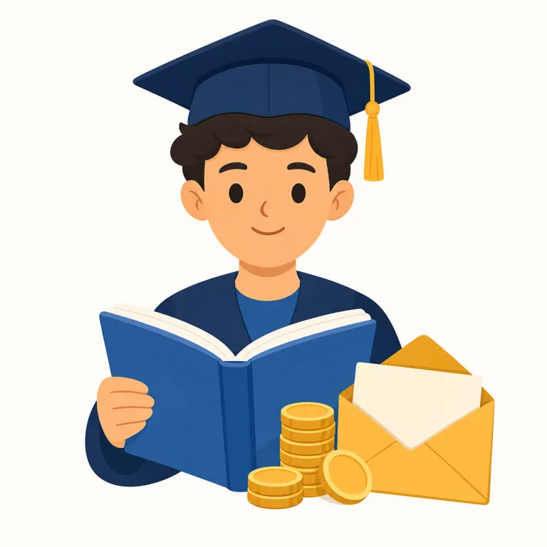 scholarship（奨学金・名詞）の覚え方イラスト — scholar は「学ぶ人・学者」、-ship は membership や leadership のように、身分・制度・状態を表すことがあります