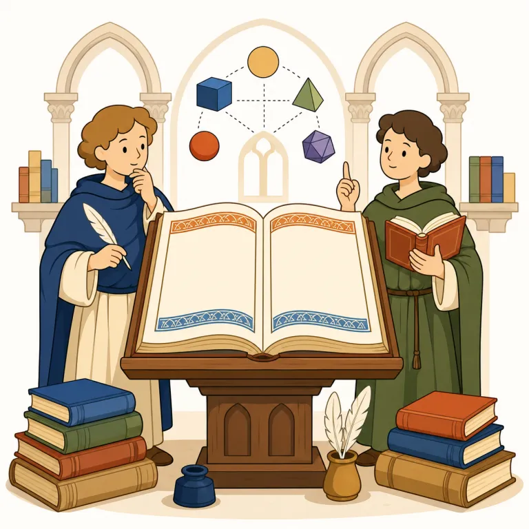 scholasticism（スコラ学・名詞）の覚え方イラスト — scholar（学者）や scholarly（学問的な）が見えるので、「学者たちが学校で体系的に議論する世界」と結びつけると残りやすい