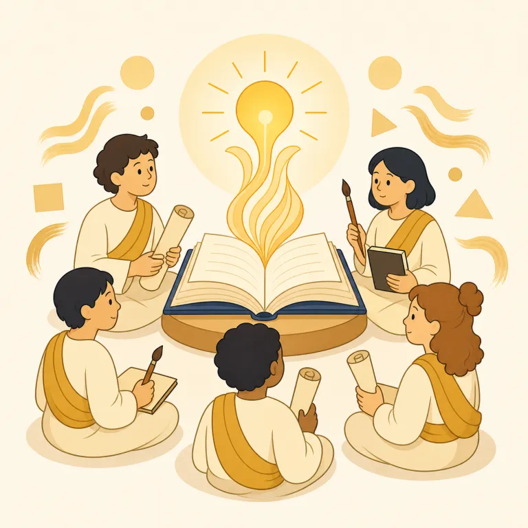 school（学派・名詞）の覚え方イラスト — 校舎を思い浮かべず、「同じ教え方・考え方で集まった人たち」と捉える