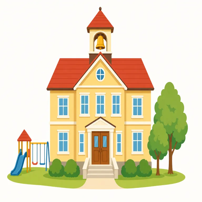 schoolhouse（校舎・名詞）の覚え方イラスト — school + house で、そのまま「学校の建物」と捉えると覚えやすい語です