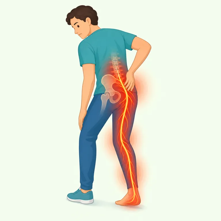 sciatica（坐骨神経痛・名詞）の覚え方イラスト — まず sciatic nerve（坐骨神経）をセットで覚えると入りやすいです