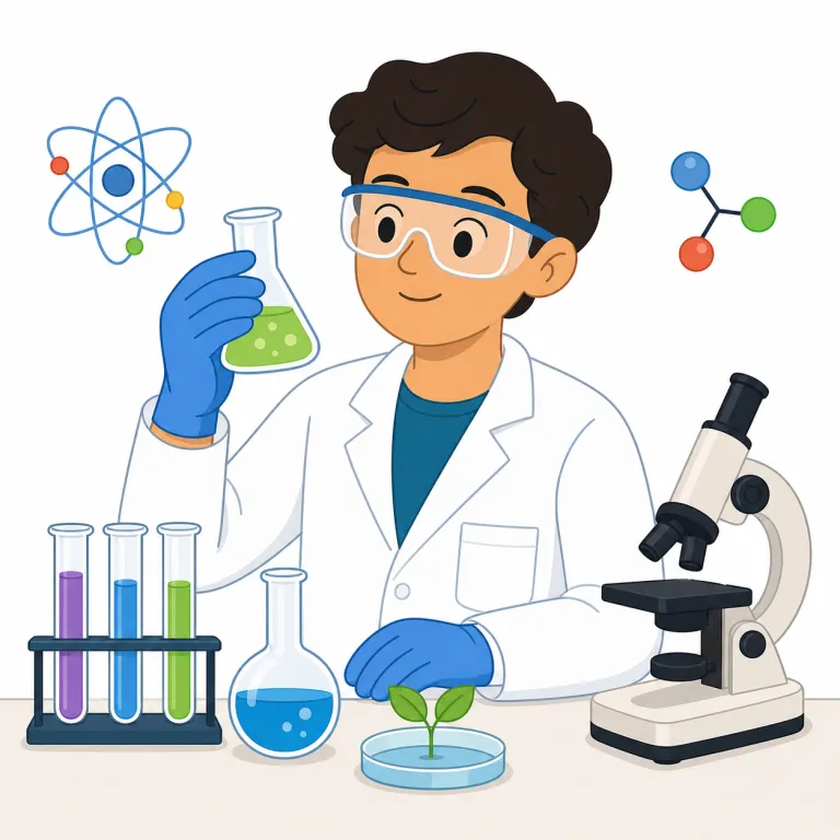 scientist（科学者・名詞）の覚え方イラスト — scientist は science「科学」+ -ist「その分野の人」と分けると覚えやすい語です