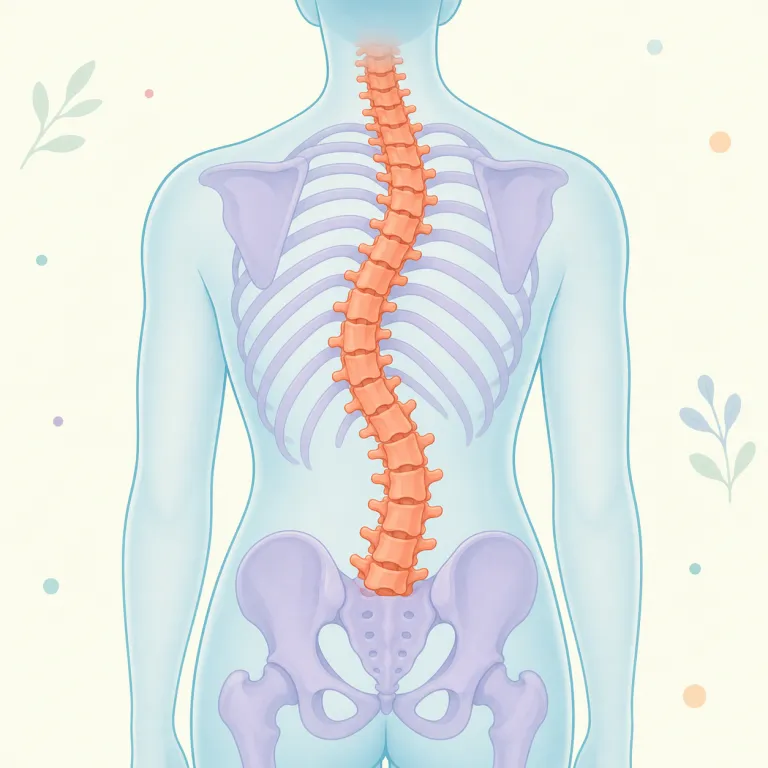 scoliosis（側弯症・名詞）の覚え方イラスト — 医療英語では -osis が「病態・症状」を表すことが多いので、まず語尾で“病名らしい”と見抜くのがコツです