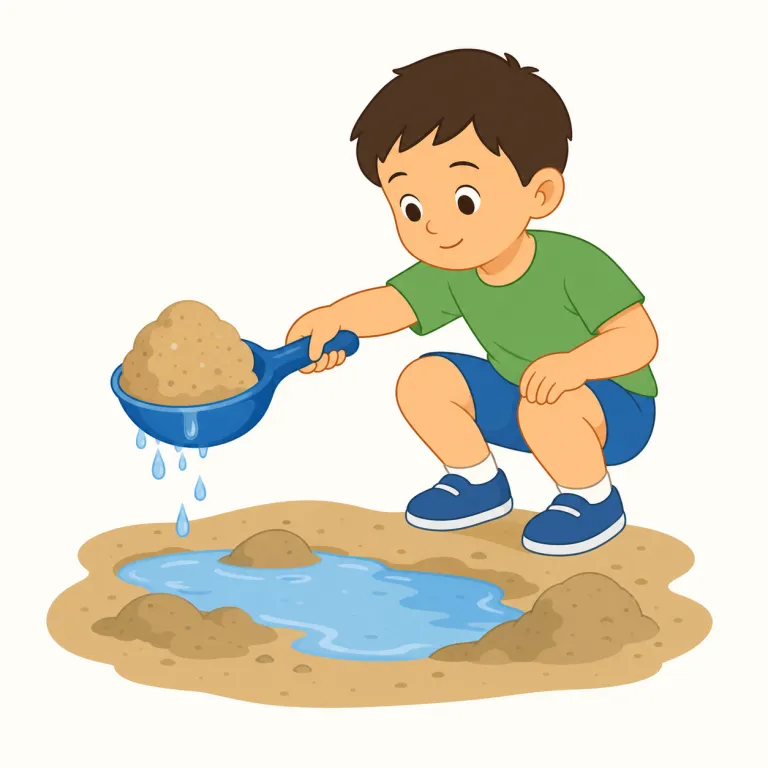 scoop up（すくい上げる・句動詞）の覚え方イラスト — scoop up は、水・砂・食べ物などを下から包むように「すくい上げる」動きで覚えます