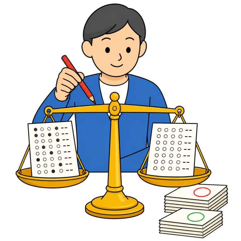 scorer（採点者・noun）の覚え方イラスト