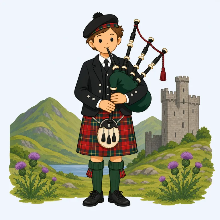 Scottish（スコットランドの・形容詞）の覚え方イラスト — Scotland に性質・所属を表す -ish が付いた形で、「スコットランドらしい」「スコットランドの」と名詞を説明します