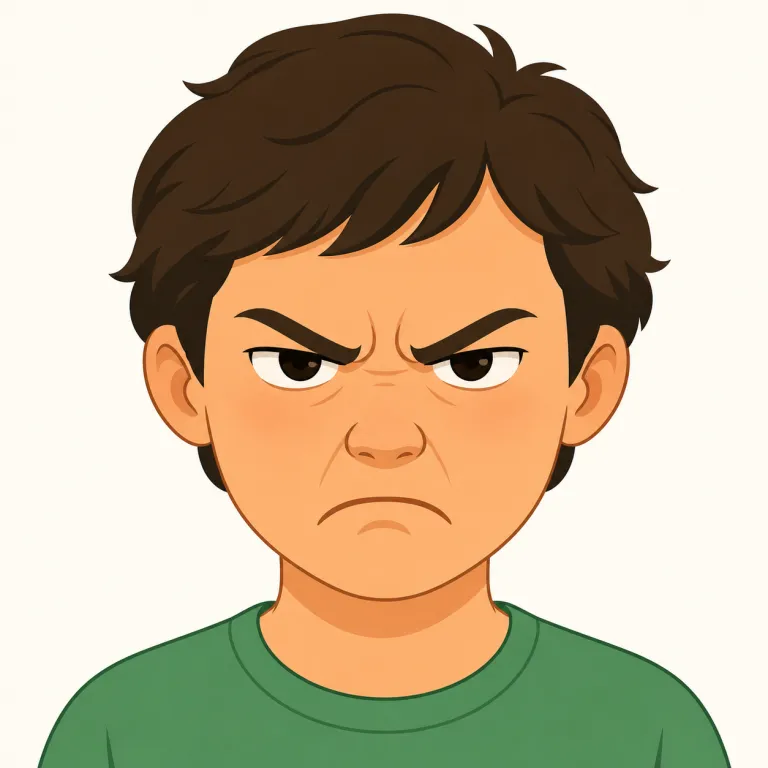 scowl（顔をしかめる・動詞）の覚え方イラスト — scowl は「眉をひそめ、口元まで固くして顔をしかめる」動詞です