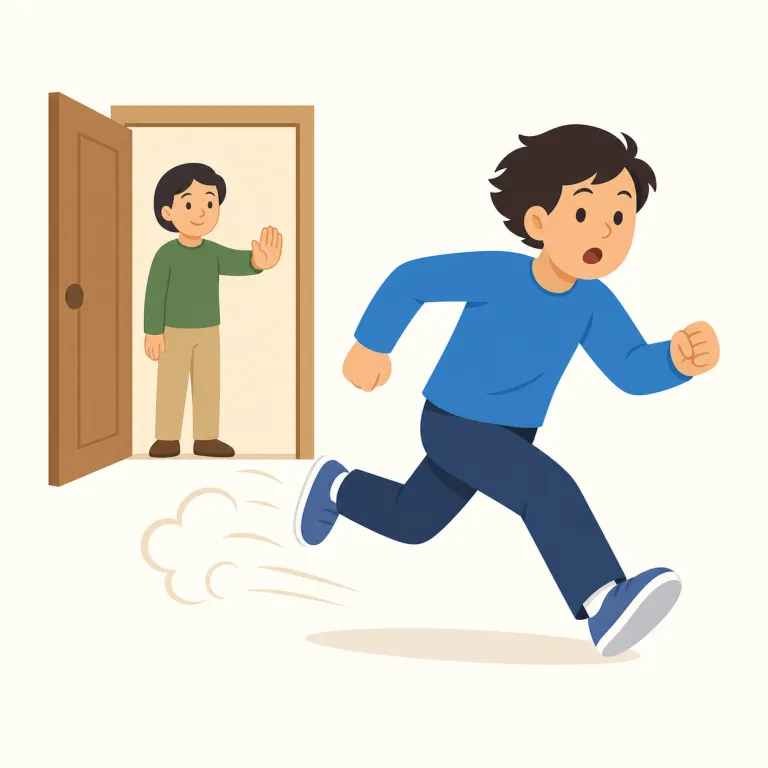 scram（急いで逃げる・動詞）の覚え方イラスト — この scram は「急いで逃げる」「さっと逃げ去る」という、動きの速さや慌ただしさが強い用法として覚えます