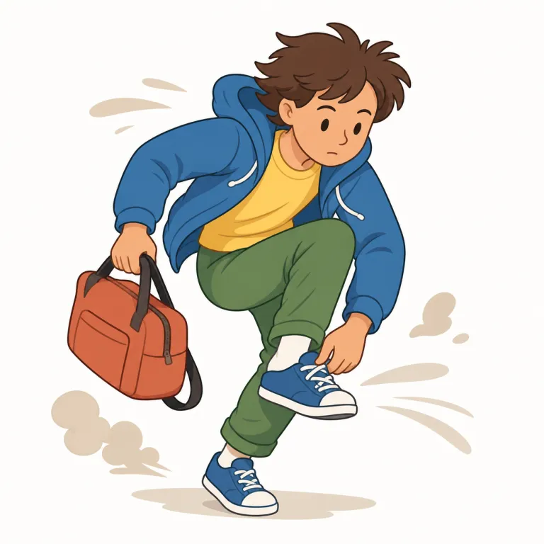 scramble（急いで動く・動詞）の覚え方イラスト — 足元が悪い斜面を手も使って登る、鳴り出した電話へあわてて飛びつく、といった場面で覚えるとよい語です