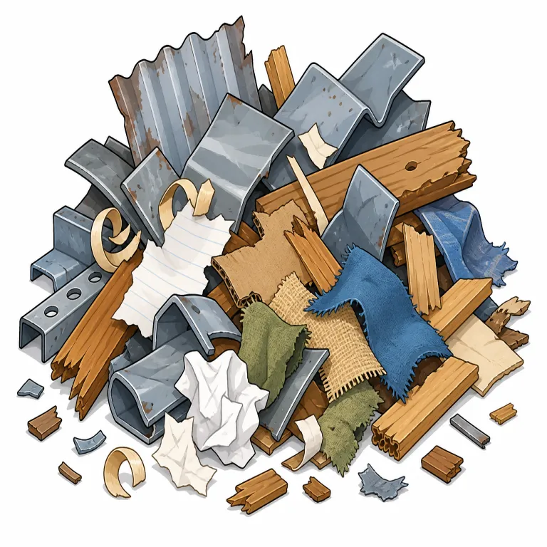 scrap（くず、廃材・名詞）の覚え方イラスト — 名詞の scrap は、作業台の端に残った切れ端や、解体場に積まれた金属片を思い浮かべると定着します
