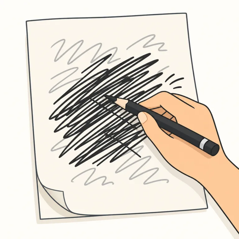 scratch out（抹消・句動詞）の覚え方イラスト — scratch out は、書いた語や項目を上から線や強い筆跡で読めないようにする表現です
