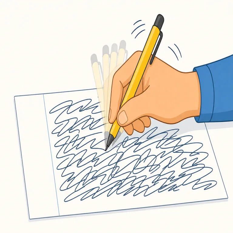 scrawl（走り書きする・動詞）の覚え方イラスト — scrawl は「きれいに書く」の反対側にある動作として覚えるとよい語です