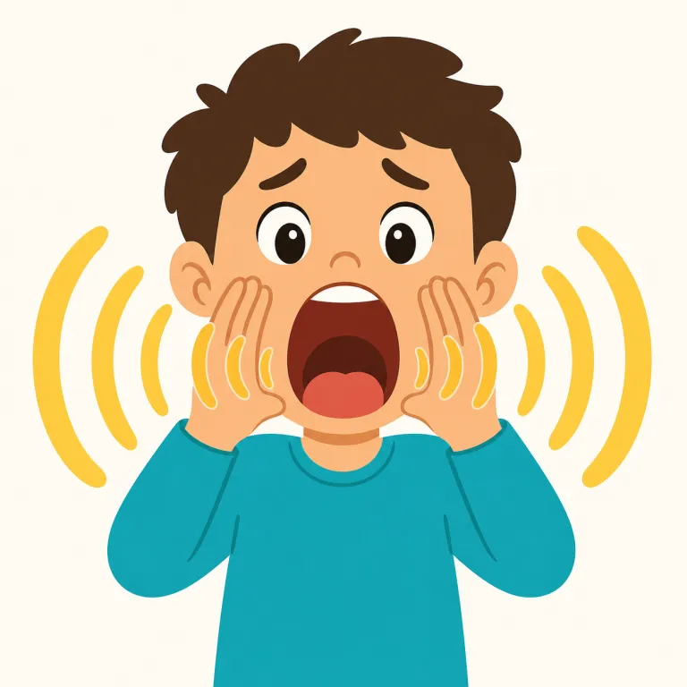 scream（叫ぶ・動詞）の覚え方イラスト — 動詞の scream は、のどから声を意識的に張るというより、感情が限界を超えて一気に外へ出る感じで覚えると自然です