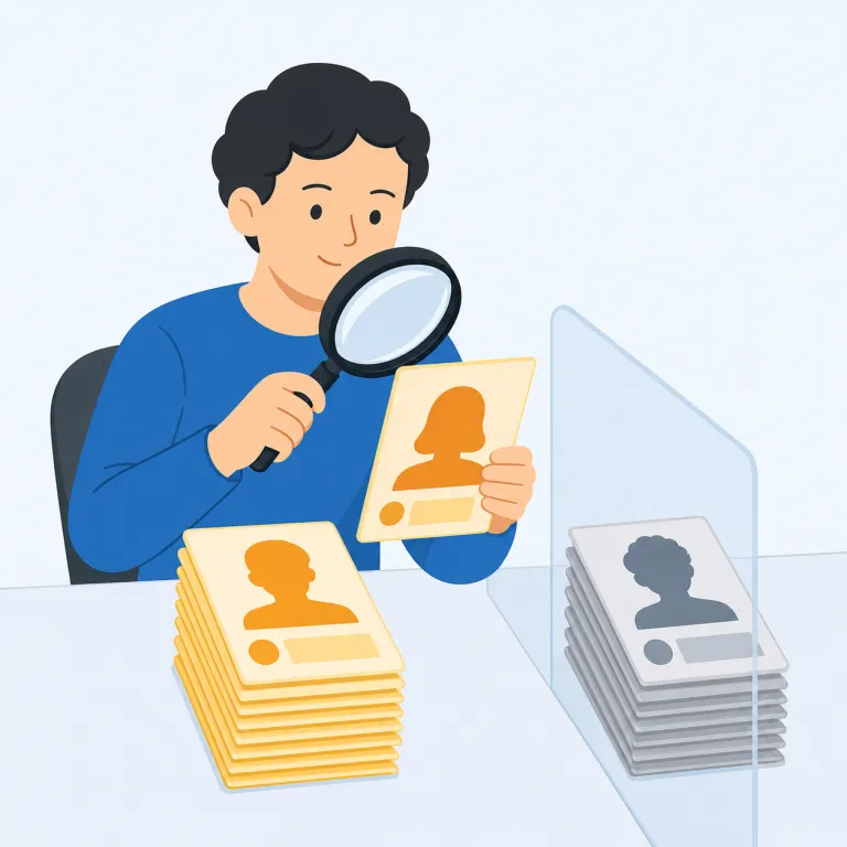 screen（審査する・verb）の覚え方イラスト