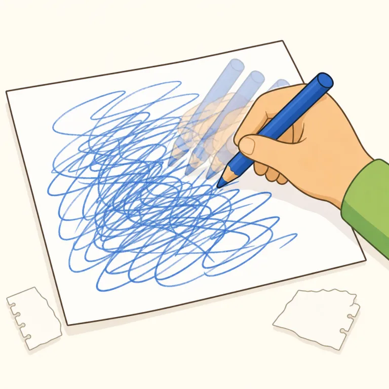 scribble（走り書きする、雑に書く・動詞）の覚え方イラスト — scribble は scrib- を見たら scribe や describe と同じ「書く」仲間だと結びつけると覚えやすいです