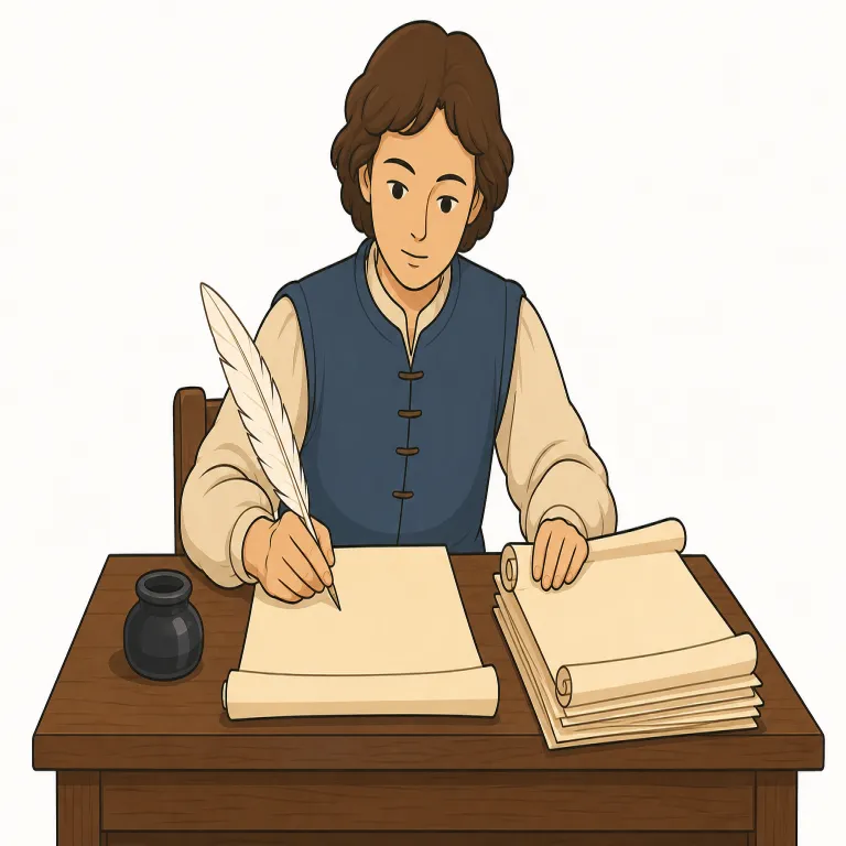 scrivener（筆写人、書記・名詞）の覚え方イラスト — scrivener は writer よりずっと職業名らしい語で、昔の役所や法律事務所で、契約書・記録・書簡を机に向かって正確に書き写す人を思い浮かべると定着しやすいです