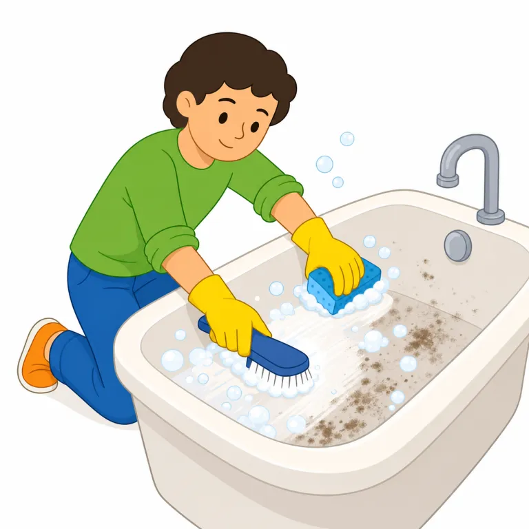 scrub（ごしごし洗う・動詞）の覚え方イラスト — 動詞 scrub は「洗う」という結果よりも、「ごしごしこする」という動作の強さに焦点があります