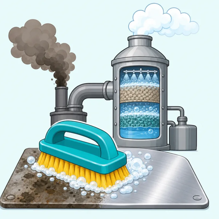 scrubber（こすり洗いする道具、排気ガス浄化装置・名詞）の覚え方イラスト — scrub を知っていれば中心は「ごしごしこする」