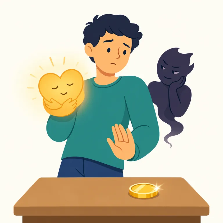 scruple（ためらい・名詞）の覚え方イラスト — scruple は hesitation より硬く、ただ決められない迷いではなく、行動の前に心が引っかかる「ためらい」を表す語