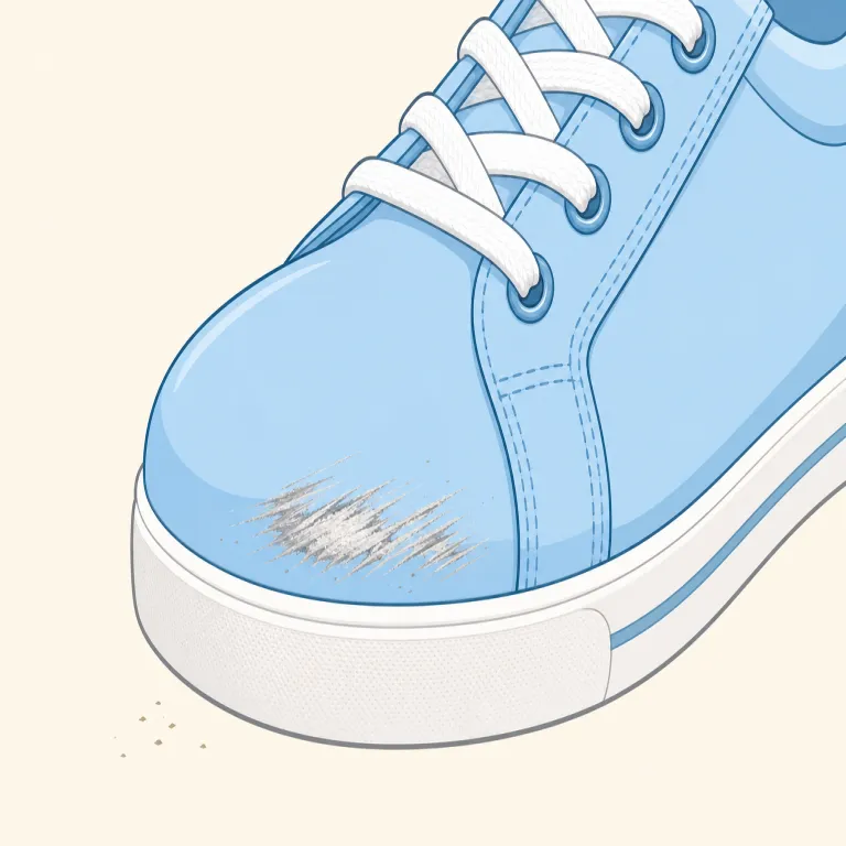 scuff（擦り傷・名詞）の覚え方イラスト — 「表面にこすれて残る軽い傷・汚れ」として覚えると定着しやすい語です