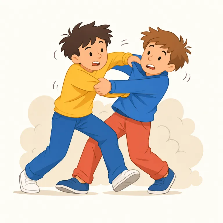 scuffle（乱闘・名詞）の覚え方イラスト — scuffle は、落ち着いて計画的に戦う fight ではなく、「押し合う・もみ合う・足がもつれる」感じの小規模な乱闘として覚えると残りやすいです