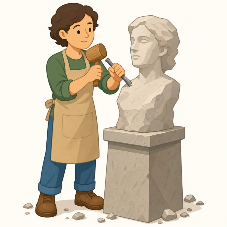 sculptor（彫刻家・名詞）の覚え方イラスト — sculptor は sculpture（彫刻）, sculpt（彫る・形作る）を知っていると覚えやすい語