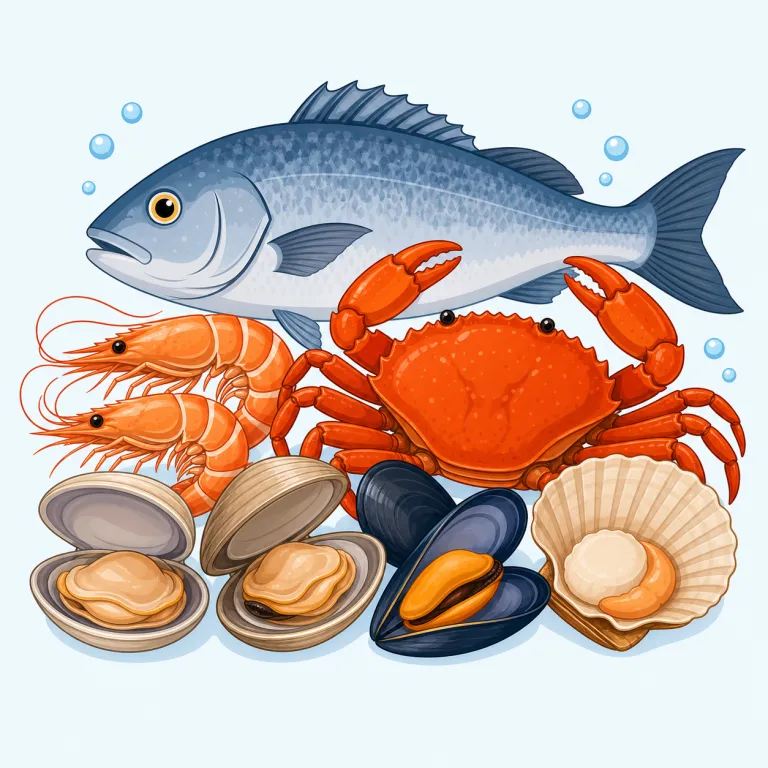 seafood（魚介類・名詞）の覚え方イラスト — このエントリでは seafood を「魚介類」として覚えます