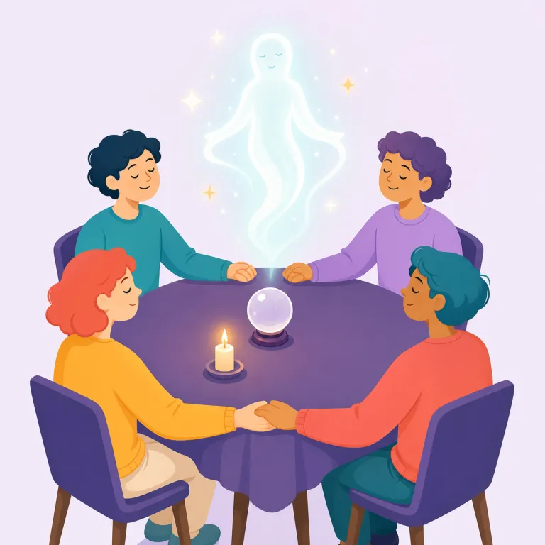 seance（交霊会・名詞）の覚え方イラスト — session に形が近いので、まず「人が集まって何かを行う会」を思い出し、そこから普通の会合ではなく「霊媒師を囲んで死者の霊を呼ぼうとする特別な会」へ絞ると残りやすい