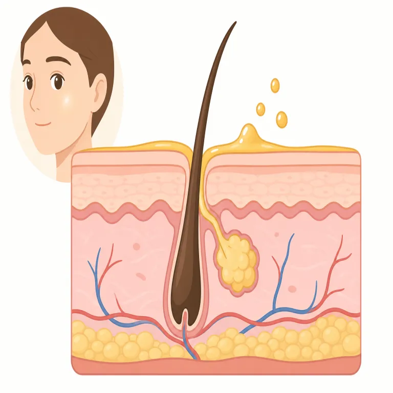 sebum（皮脂・名詞）の覚え方イラスト — skin care や dermatology の文脈で出る「皮膚の油」の専門名として覚えると定着しやすい語です